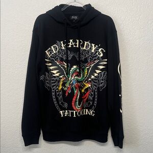 Ed Hardy Men’s Size Large Black Hoodie with Multicolor Dragon Tattoo Graphic